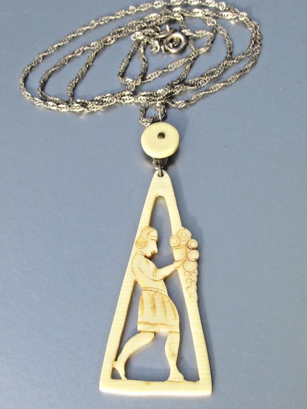Antique Arts & Crafts Carved MAN W/ BUBBLES Pendant Sterling Silver Necklace